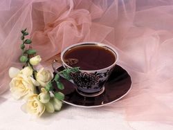 Чашка черного чая и белая роза